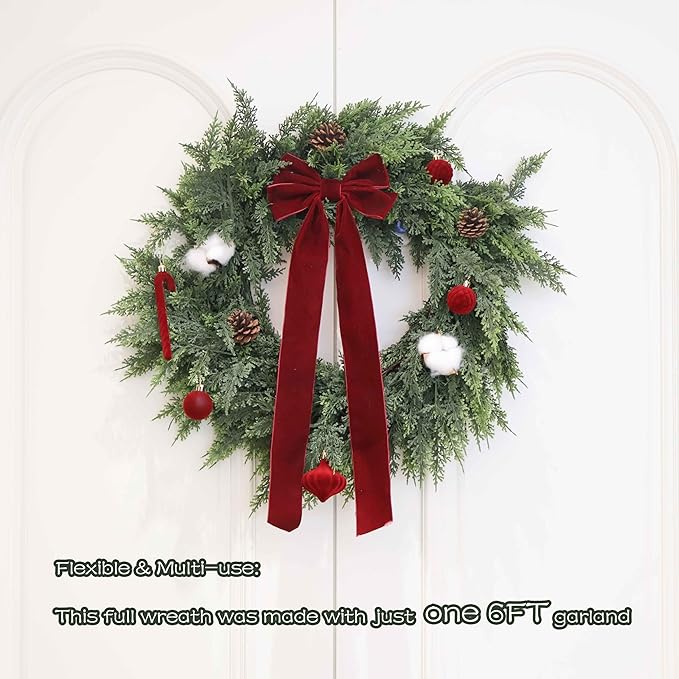 2Pcs 6FT Christmas Cedar Garland Artificial Real Touch Thickness Realistic Greenery Pine Garland for Mantle Fireplace Outdoor Indoor Christmas Decorations