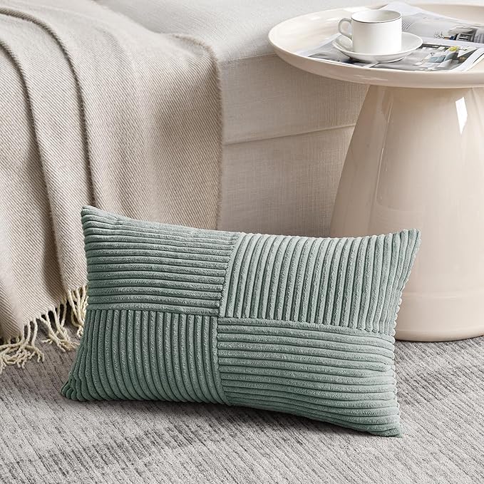 Fancy Homi 2 Packs Grey Blue Long Lumbar Decorative Throw Pillow Covers 16x24 Inch for Couch Bed Sofa, Rustic Farmhouse Boho Home Decor, Soft Striped Corduroy Rectangle Accent Cushion Case 40x60 cm