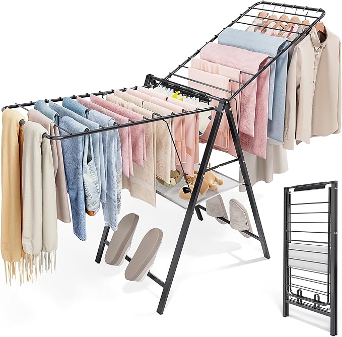 APEXCHASER Foldable Clothes Drying Rack, Metal Laundry Drying Rack Collapsible, Ultra Thin Clothes Rack for Sweater Bra Towel for Indoor & Outdoor Use, Height Adjustable Gullwing Clothes Airer, Black