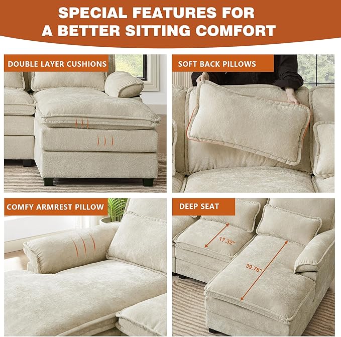 113" Oversized Cloud Couch, U Shape Sectional 4 Seat Sofa with Double Chaises, 2 Layer Cusions, Deep Seat Comfy Sofa, Upholstery Chenille Fabric for Living Room, Beige