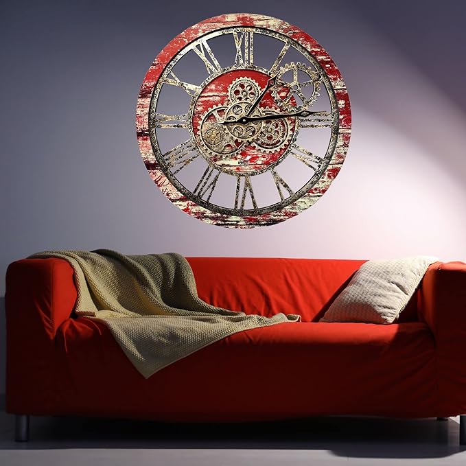 The Gears Clock The Original Real Moving Gear Wall Clock Vintage Industrial Oversized Rustic Farmhouse (24 inch (60cm),Red Lava)