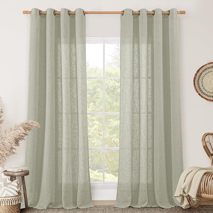 LAMIT Linen Curtains for Living Room, Sage Grey 90 Inch Length Bronze Grommet Linen Textured Farmhouse Curtains Light Filtering Drapes for Bedroom/Dining Room, Set of 2, 52 x 90 Inch
