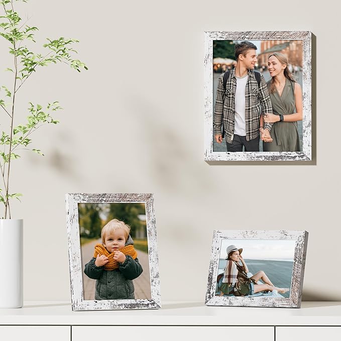 Vittanly 8x10 Picture Frames Set of 9, Shatter Resistant Plexiglass, Display 5x7 Pictures with Mat or 8x10 without Mat, Photo Frames for Wall or Tabletop, Engineered Wood, Distressed White