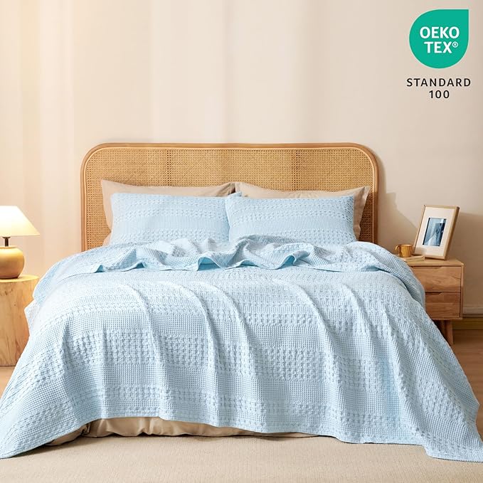 PHF 100% Cotton Waffle Weave Blanket Queen Size, Soft Lightweight Breathable Cozy Summer Blankets for Bed, Luxury Aesthetic Woven Bedding for Home Decor, 90"x90", Baby Blue