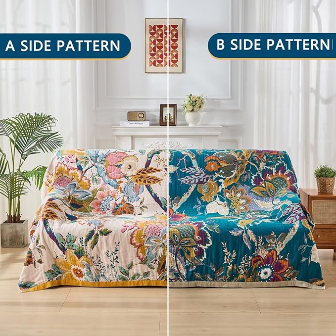 Boho Throw Blanket for Bed, Double Sided Floral Decorated Bohemian Couch Blanket, Lightweight Breathable 100% Cotton Throw Blanket,Room, Farmhouse, Bed Decor (Happiness,50"x60")