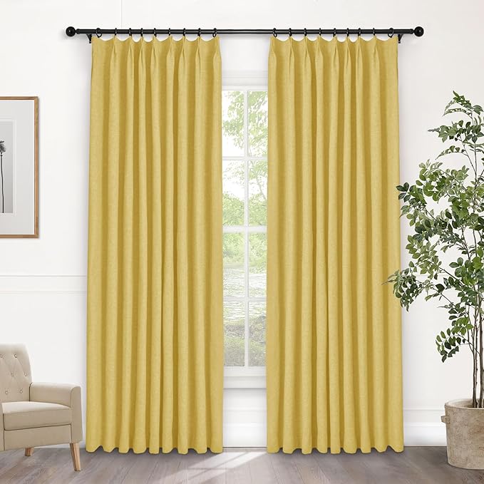 Macochico 100% Blackout Pinch Pleated Linen Curtains Thermal Window Treatments Sound Reducing Curtains for Bedroom Living Room Yellow Farmhouse Burlap Drapes with Tieback 52”Wx63”L 1 Panel