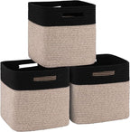 OIAHOMY Cube Storage Basket, 3-Pack Woven Cotton Rope Baskets for Storage, 11-Inch Cube Basket with Handles, Great for Shelves, Closets, Children's Toy Storage and Organization-Black & Brown
