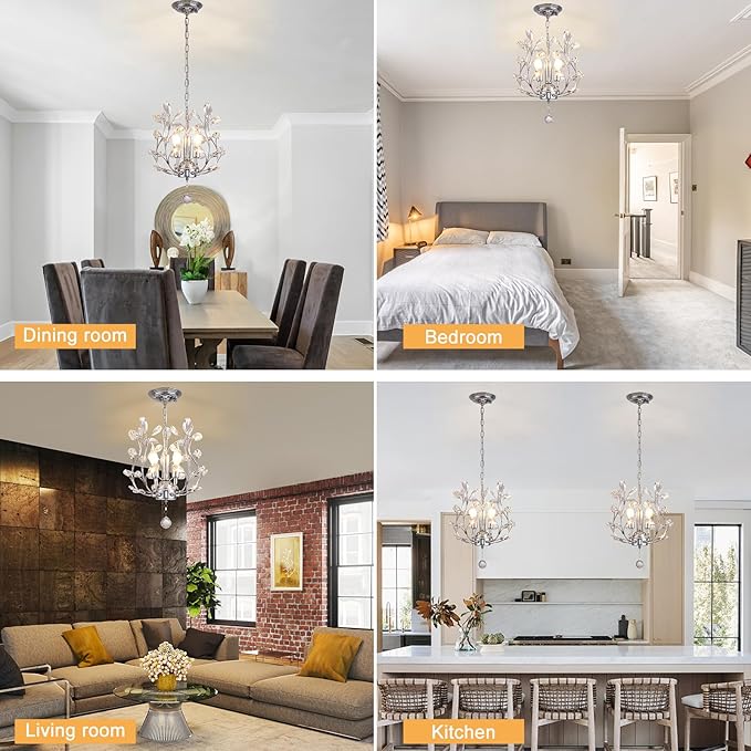 Ganeed 3-Light Branch Crystal Chandelier, Small Flush Mount Vintage Pendant Hanging Lighting, K9 Crystal Farmhouse Ceiling Light for Dining Room Bedroom Living Room Kitchen Hallway, Chrome Silvery
