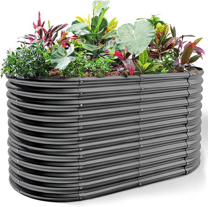 Land Guard 8x4x3ft Oval Galvanized Raised Garden Beds, Large-Capacity Metal Planter Box Outdoor, Durable Deep Raised Garden Bed 3ft Tall, Raised Beds for Gardening Vegetables, Dark Grey