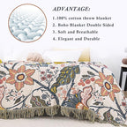 Snycler Boho Throw Blanket for Bed, 100% Organic Cotton Muslin Soft Throw-Floral Farmhouse Rustic Spring Summer Fall Decor Blanket for Couch Sofa Quilt and Gift, 60" x 80" White