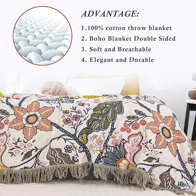 Snycler Boho Throw Blanket for Bed, 100% Organic Cotton Muslin Soft Throw-Floral Farmhouse Rustic Spring Summer Fall Decor Blanket for Couch Sofa Quilt and Gift, 60" x 80" White