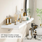 Fun Memories Floating Shelves - 2 Pack 12 Inch Deep Rustic Wooden Wall Shelves - Extra Deeper & Thicker Wall Mounted Storage Shelf for Living Room, Kitchen, Farmhouse - 16" W x 12" D x 1.5" H - White