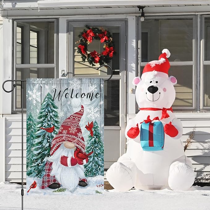Heyfibro Welcome Christmas Garden Flag Winter Gnome Garden Flags 12x18 Double Sided Burlap Cardinals Snowflakes Snow Garden Yard Flags for Seasonal Outside Outdoor House Decoration (ONLY FLAG)