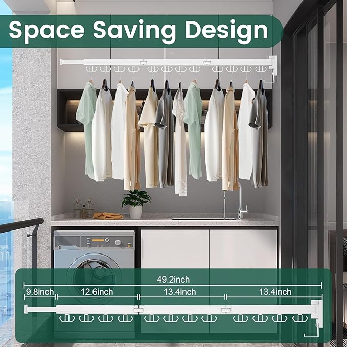 Wall Mounted Clothes Drying Rack, Laundry Drying Rack Wall Mount, 3-Fold Drying Rack Clothing, Foldable Clothes Drying Rack with 12 Dual Hooks Organization for Laundry Room Indoor - White