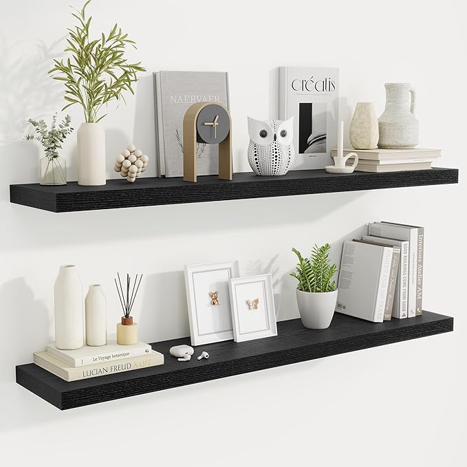 Fun Memories 48 Inch Deep Floating Shelves for Wall, 2 Pack of Long Wall Mounted Wood Shelves with Invisible Brackets for Bathroom, Bedroom, Living Room, Kitchen Decor and Storage, Black