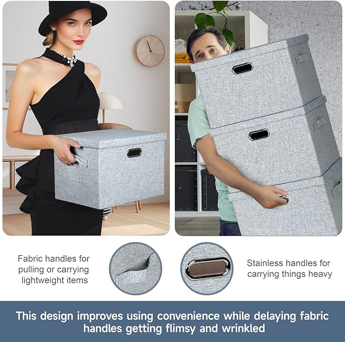 Large 17" 36 Quart Collapsible Stackable Storage Bins with Lids, 3 Packs Blue-Grey Linen Fabric Closet Boxes with Lids, Storage Cube Baskets Container Organizers for Bedroom (17x12x11)