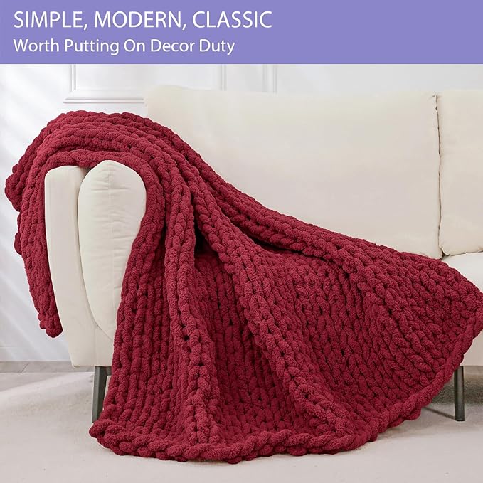 Bigacogo Chunky Knit Throw Blanket for Couch, 40x60 inches, 100% Hand Knitted with Thick Jumbo Chenille Yarn, Cozy Soft Large Rope Knot Cable Crochet Blankets for Sofa Bed Living Room, Red