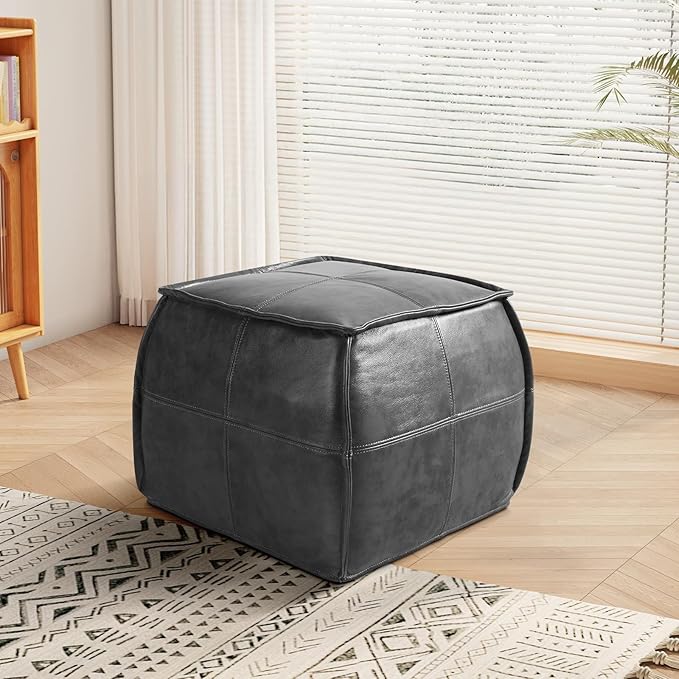 Leather Ottoman,Handmade Stuffed Square Ottoman,Genuine Leather Pouf, Foot Rest Pouf,Comfortable Soft Seating for Living Room & Bedroom (Grey, Square)