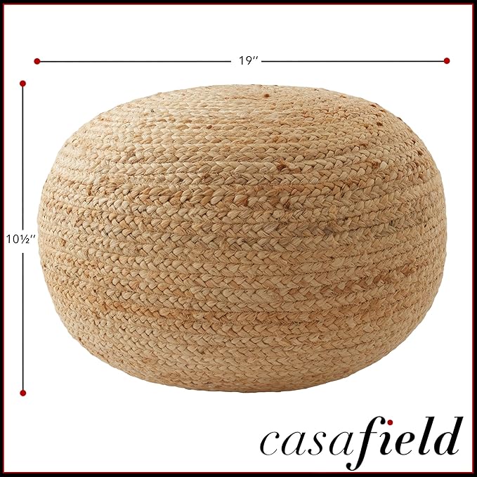 Casafield Hand-Braided Jute Pouf Ottoman Footrest, 19" Round x 10-1/2" High, Natural Woven Boho Floor Cushion, Home Decor for Living Room, Bedroom, Apartment