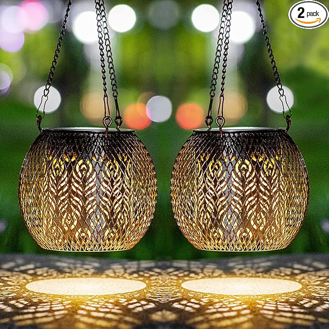 LeiDrail Hanging Solar Lanterns 2 Pack Solar Lanterns Outdoor Waterproof Garden Metal Decorative Light Patio Decor for Outside Yard Tree Tabletop Landscape