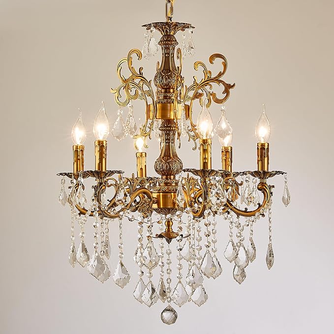 Vintage 6 Arms Crystal Chandelier Candle Light Fixture for Dining Room Living Room Bedroom Hallway Entryway Antique Gold Finish (23"-6 Lights)