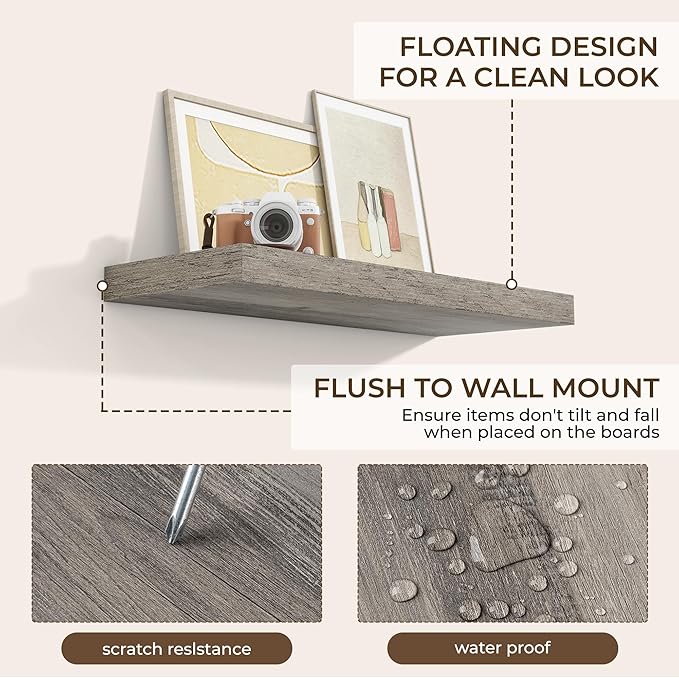 RICHFOCUS 31.5Inch Floating Shelves for Wall 2 Pack Shelves for Bedroom|Kitchen|Bathroom Wall Mounted Rustic Wood Floating Shelf with Invisible Brackets for Books|Storage|Decor, Grey