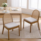 Mid Century Dining Chairs Set of 6, Accent Rattan Linen Fabric Side Chairs Kitchen Chair with Solid Wooden Legs for Living Room Dining Room, Beige