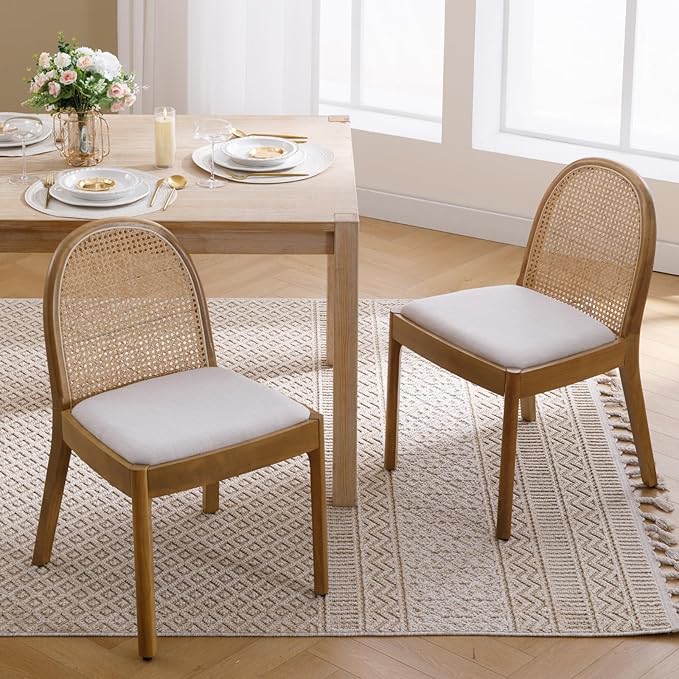 Mid Century Dining Chairs Set of 2, Accent Rattan Linen Fabric Side Chairs Kitchen Chair with Solid Wooden Legs for Living Room Dining Room, Beige