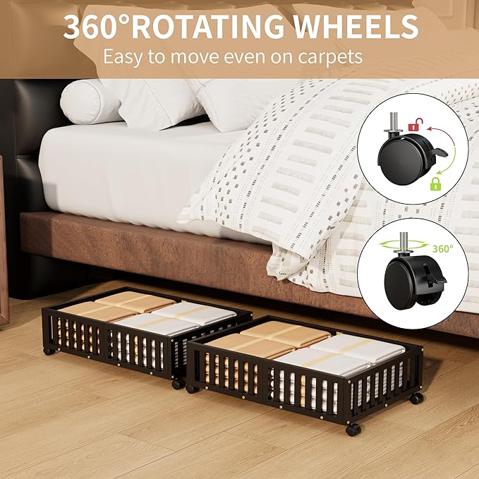 Bamboo Under Bed Storage with Wheels (2-Pack) – Rolling Underbed Shoe Organizer Box for Shoes, Blankets, Toys, Clothes Container Space-Saving Organizer Bins for Bedroom, Closet, Dorm, Nursery