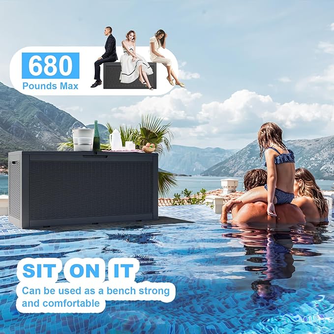 100 Gallon Deck Box,Resin Outdoor Storage Box with Lockable for Patio Furniture, Pool Accessories, Garden Tools Waterproof Outside Storage Box, Black