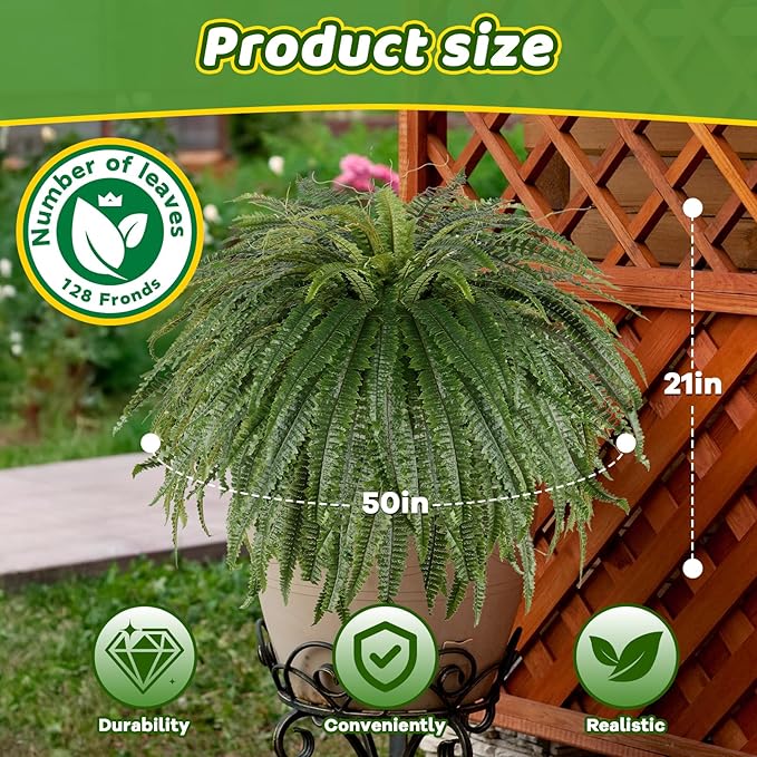 Single Silky 50" Artificial Fern Plant, Large Fake Fern with 128Fronds, Realistic Faux Boston Fern Bush for Outdoors & Indoor, Silk Greenery for Planter, Garden, Office, Home Décor