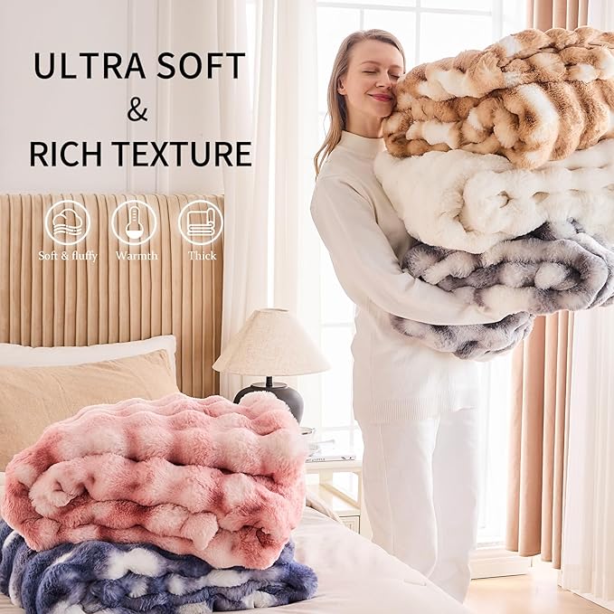 Cozy Faux Fur Throw Blanket for Bed-Warm Fuzzy Throw Blanket, Soft Plush Thick Bubble Blankets for Bedroom and Living Room, Furry Luxury Blanket, 90 x 90, Tie-Dye Brown