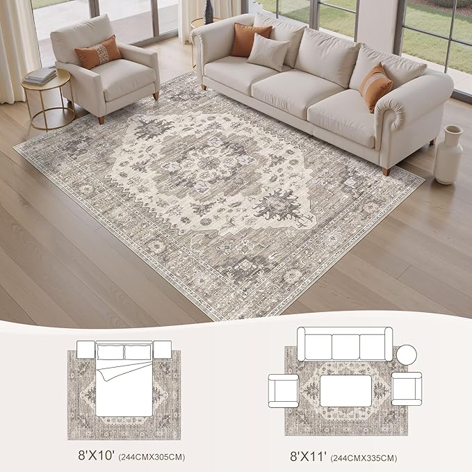 Washable Area Rugs for Living Room -8x10 Neutral Vintage Distressed Floral Farmhouse Boho Large Soft Floor Rug Indoor Non Slip Carpet for Living Room Bedroom Dining Room Office-Brown/Beige
