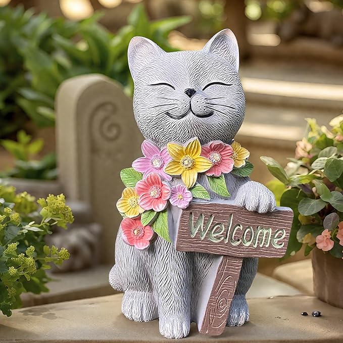 Solar Cat Garden Statue for Outdoor Decor, Cat Solar Light with Flowers, Resin Welcome Cats for Garden, Yard, Lawn Decor, Cats Lover Gifts for Women