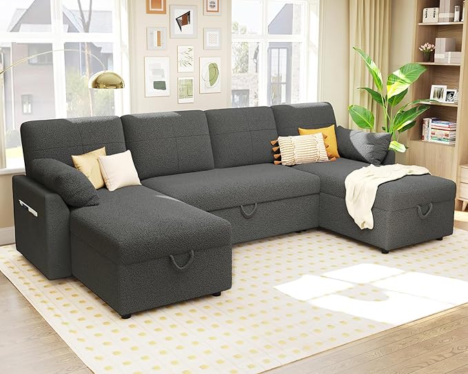VanAcc Sleeper Sofa, 110 inch Oversize - 2 in 1 Pull Out Bed, Sectional Sleeper Sofa with Double Storage Chaise for Living Room, Grey Boucle Couch
