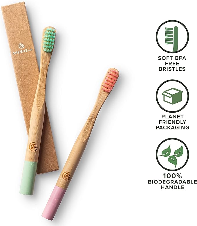GREENZLA Kids Bamboo Toothbrushes, Natural Toothbrush Set, Soft Bristles, Durable Charcoal Wooden Brushes, Compostable Design for Toddlers and Children, 6 Pack
