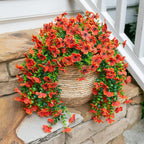 INSPRING Fall Fake Mums Artificial Flowers Hanging Decoration for Outdoors, 2Pcs Orange Daisy with Autumn Eucalyptus Leaves, Realistic Plants Decor, Silk Flower for Porch Patio Balcony Planter Yard