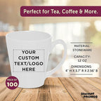 DISCOUNT PROMOS Custom Glossy Ceramic Latte Coffee Mug 12 oz. Set of 100, Personalized Bulk Pack - Perfect for Tea, Espresso, Cappuccino, Hot Cocoa - White