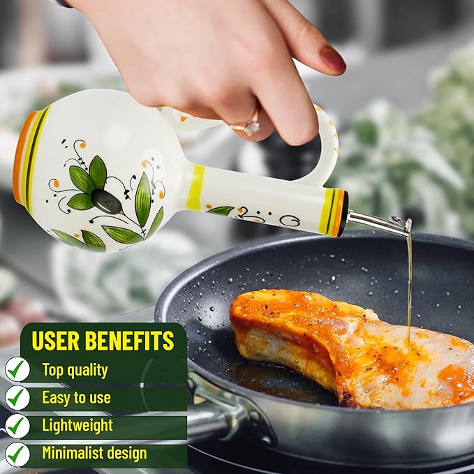 Hand-Painted Ceramic Olive Oil Dispenser Bottle – 15oz Decorative Stoneware Cruet with Stainless Steel Spout for Oil, Vinegar, Syrups, and Sauces