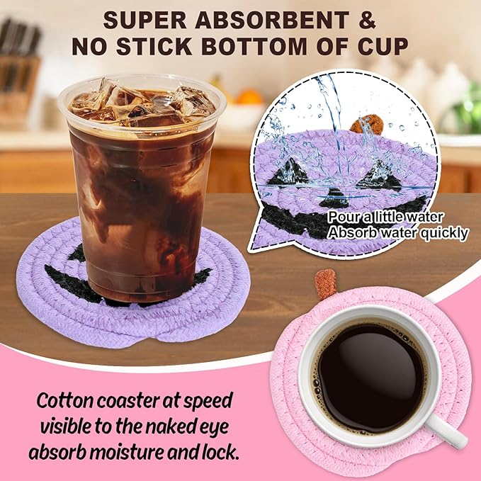 Whaline Halloween Pumpkin Cotton Coasters Colored Pumpkin Face Handmade Braided Drink Coasters Pink Purple Orange Absorbent Cup Mats for Trick or Treat Party Home Table Decor, Set of 4