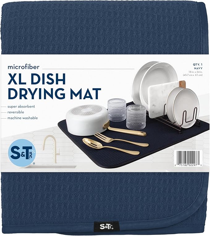 S&T INC. Dish Drying Mat XL, 18” x 24”, Absorbent Microfiber Kitchen Counter Mat, Dish Drying Pad for Dishes, Utensils, Pots and Pans, Extra Large, Navy
