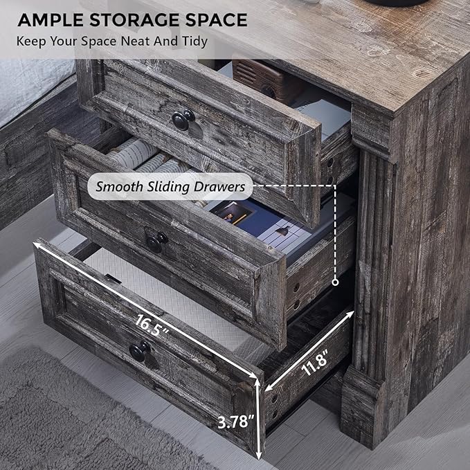 26" Tall Farmhouse Nightstand, 3 Drawers End Table w/Charging Station, 23.6" Wide Large Side Table w/Roman Column, Wood Rustic Sofa Table for Bedroom, Light Gray