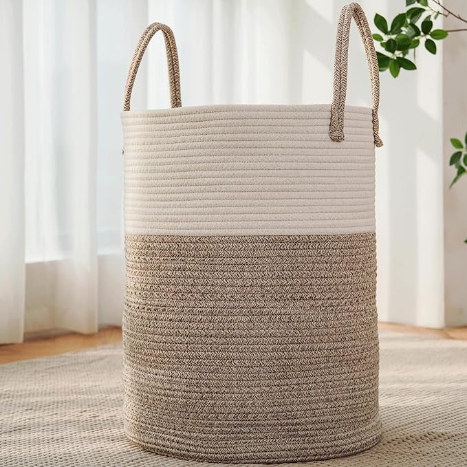 Large Woven Laundry Basket Hamper,100L Cotton Rope Storage Bin for Blankets,Toys and Clothes,Decorative Tall Nursery Hamper for Living Room,Baby Nursery,Bathroom and Bedroom,Brown
