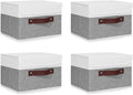 ANMINY 4PCS Storage Boxes with Lid Washable Decorative Storage Bins Basket with PU Leather Handle Foldable Linen Fabric Storage Cubes Containers for Home Closet Organizer - Gray White, Small Size