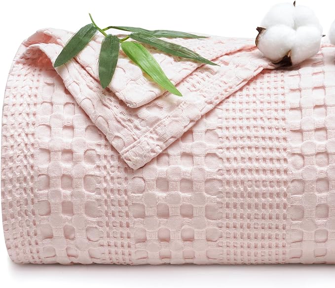 PHF Cooling Waffle Blanket Queen Size, Lightweight 60% Rayon Derived from Bamboo & 40% Cotton Breathable Blanket for Hot Sleepers, Soft and Luxury for Bed Couch and Sofa, 90"x90", Pink
