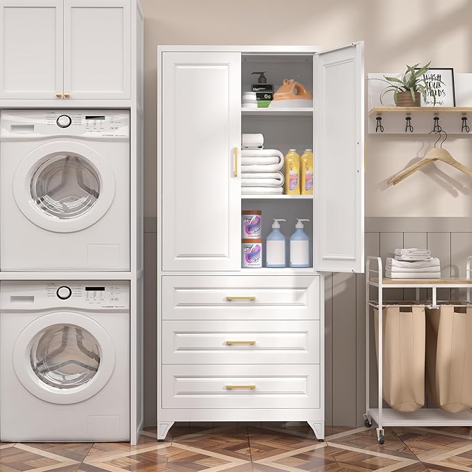 75" Kitchen Pantry Cabinet with 3 Drawer,Metal Storage Cabinets with Doors and 4 Adjustable Shelves,White Kitchen Cabinet with 2 Gold Handles,Food Cupboard for Livingroom,Pantry, Bathroom