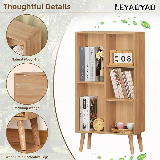 LEYAOYAO Wooden 5 Cube Bookshelf - Natural Wood Storage Organizer