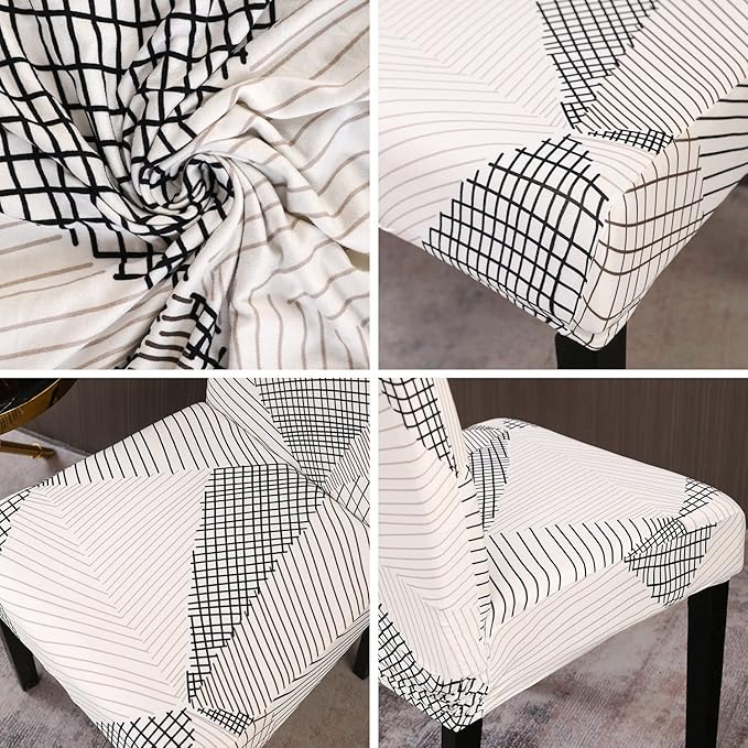 JQinHome White Chair Covers for Dining Room Set of 4, High Stretch Removable Washable Parsons Chair Slipcover for Home Party Hotel Wedding Ceremony (4PCS, Geometric)