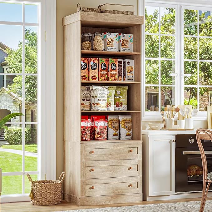 Vyre 71" Tall Farmhouse Bookshelves with Drawers, Set of 2 – Large Modular Bookcase with Adjustable Shelves, Storage Cabinet for Living Room, Kitchen, Home Office, Brown