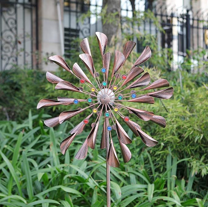 Large 79In Copper Kinetic Wind Spinner Multi-Color Seasonal LED Lighting Solar Powered Glass Ball Metal Wind Catchers Spinner for Patio Lawn & Garden Decorations